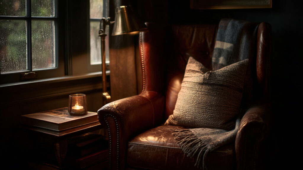 Detail of leather, wood, and brass materials in a masculine interior designed by The Masculine Home