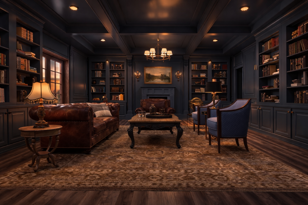Heritage-inspired masculine library interior designed by The Masculine Home